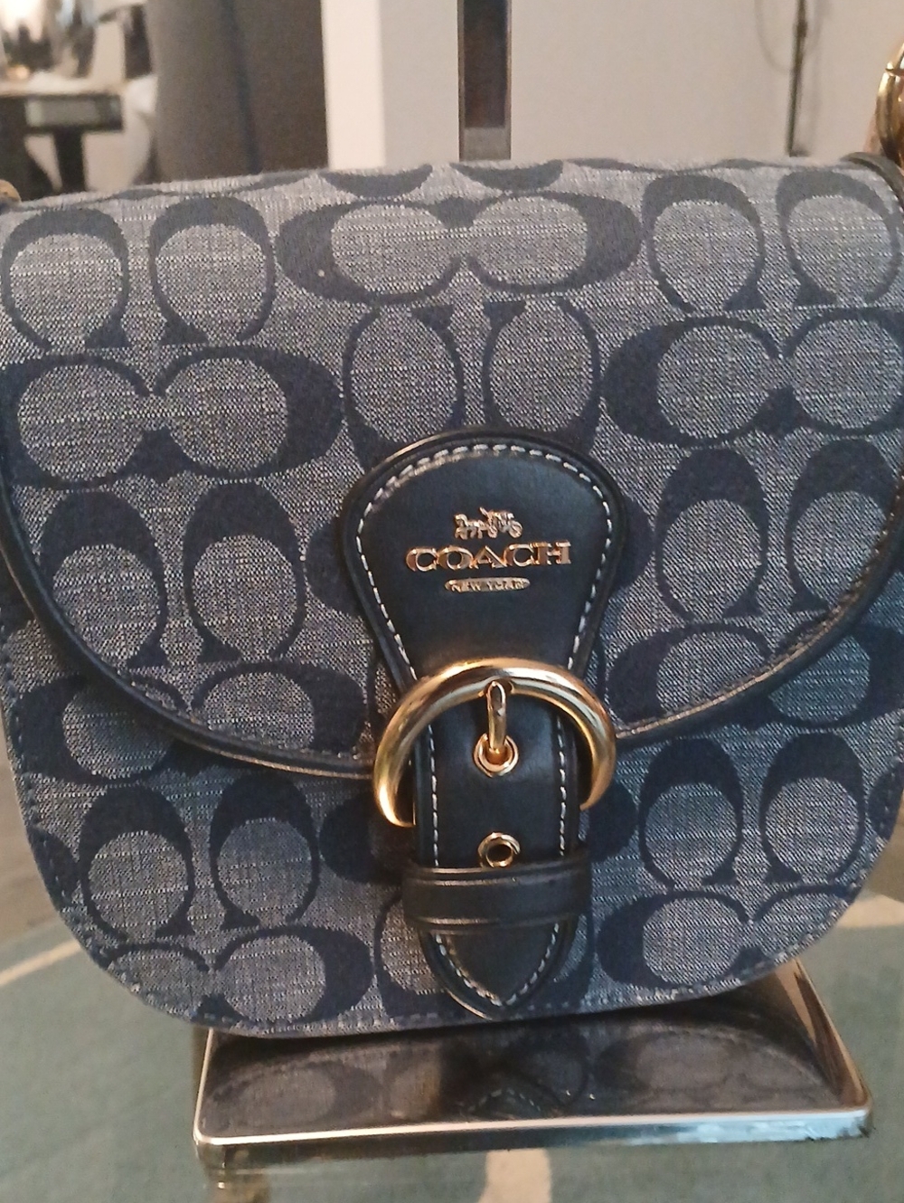 Coach Kleo Navy Signature Denim Crossbody with Tan Leather Strap and Tassel - Picture 3 of 10